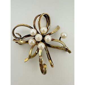 RR vintage sterling silver gold vermeil real freshwater pearls ribbon brooch pin